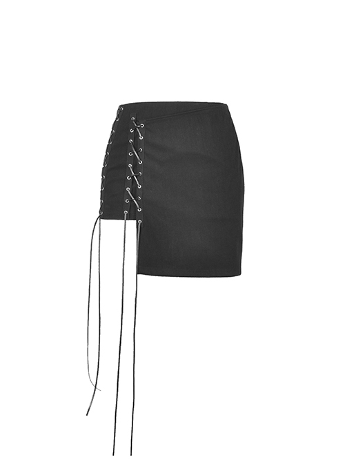 Punk Style Cool Metal Eyelet Cross Strap Asymmetric Design On The Side Sexy Black Tight Mini Skirt