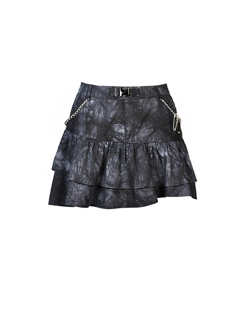Punk Style Personalized Tie Dye Cool Metal Chain Pin Decoration Motorcycle Like Buckle Design Black Skirt