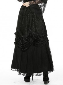 Gothic Style Retro Velvet Lace Spliced Exquisite Three Dimensional Flowers Gorgeous Black Ruffled Long Skirt