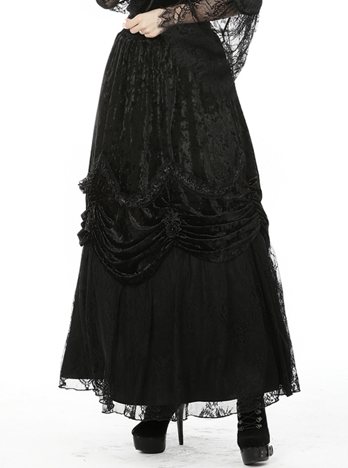 Gothic Style Retro Velvet Lace Spliced Exquisite Three Dimensional Flowers Gorgeous Black Ruffled Long Skirt