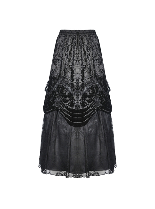 Gothic Style Retro Velvet Lace Spliced Exquisite Three Dimensional Flowers Gorgeous Black Ruffled Long Skirt
