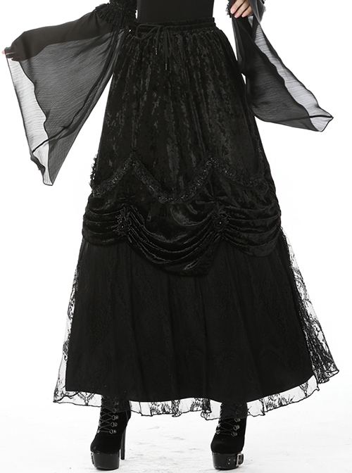Gothic Style Retro Velvet Lace Spliced Exquisite Three Dimensional Flowers Gorgeous Black Ruffled Long Skirt