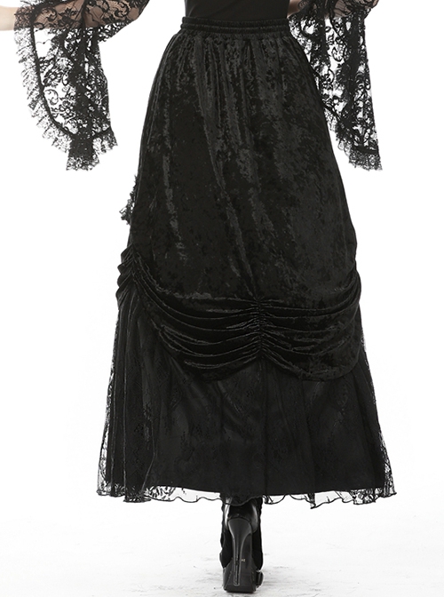 Gothic Style Retro Velvet Lace Spliced Exquisite Three Dimensional Flowers Gorgeous Black Ruffled Long Skirt