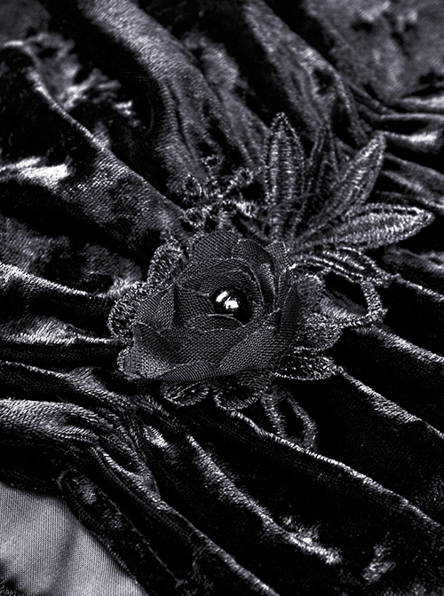Gothic Style Retro Velvet Lace Spliced Exquisite Three Dimensional Flowers Gorgeous Black Ruffled Long Skirt