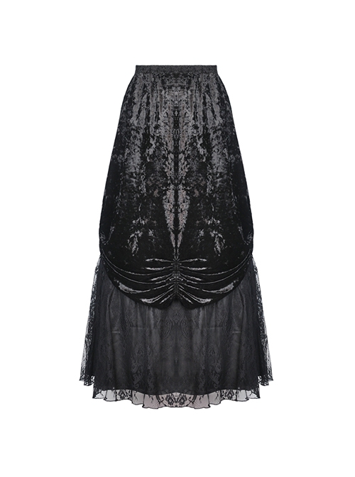 Gothic Style Retro Velvet Lace Spliced Exquisite Three Dimensional Flowers Gorgeous Black Ruffled Long Skirt