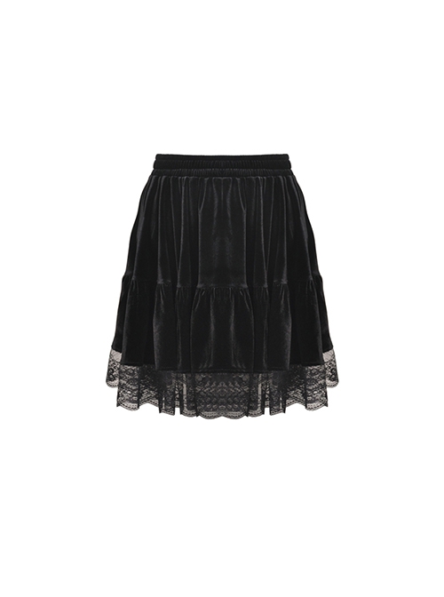 Gothic Style Elegant Velvet Splicing Lace Mesh Hem Daily Simple Black Short Skirt