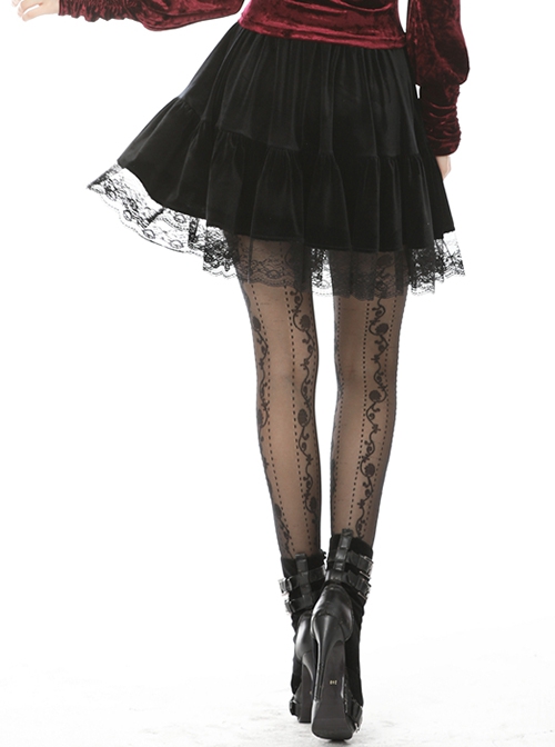 Gothic Style Elegant Velvet Splicing Lace Mesh Hem Daily Simple Black Short Skirt
