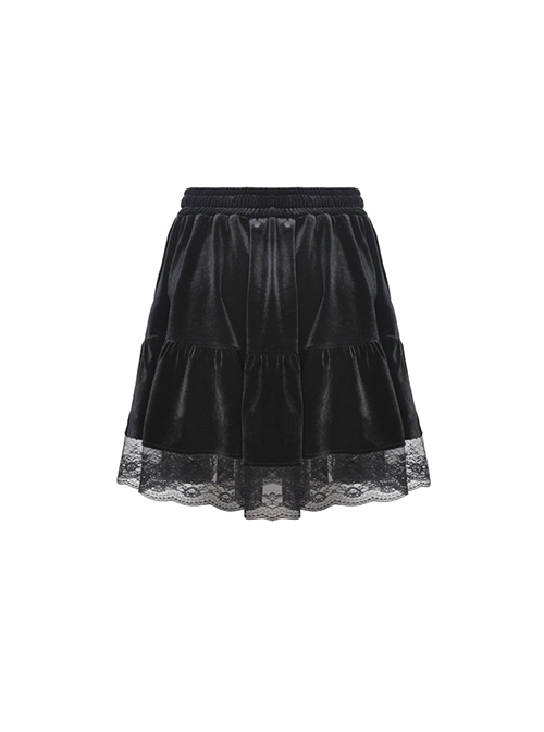 Gothic Style Elegant Velvet Splicing Lace Mesh Hem Daily Simple Black Short Skirt