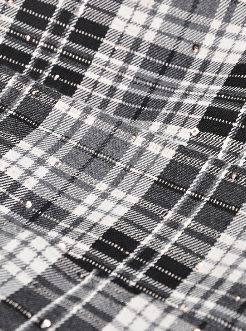 Punk Style Unique Metal Rivet Star And Moon Decoration Black And White Plaid Mini Pleated Skirt