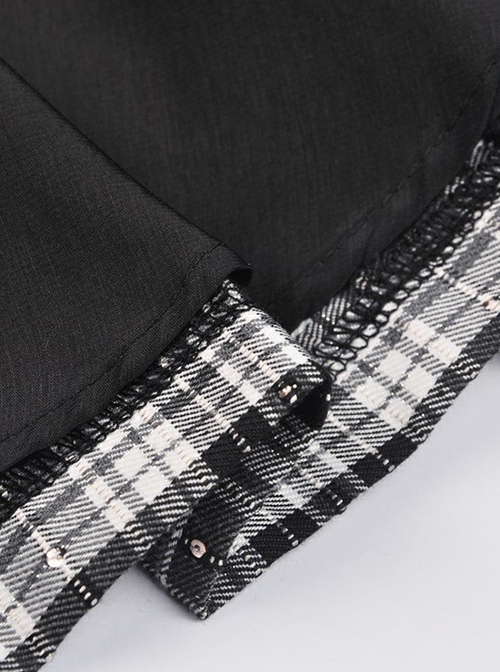 Punk Style Unique Metal Rivet Star And Moon Decoration Black And White Plaid Mini Pleated Skirt