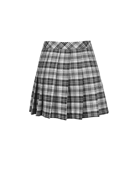 Punk Style Unique Metal Rivet Star And Moon Decoration Black And White Plaid Mini Pleated Skirt