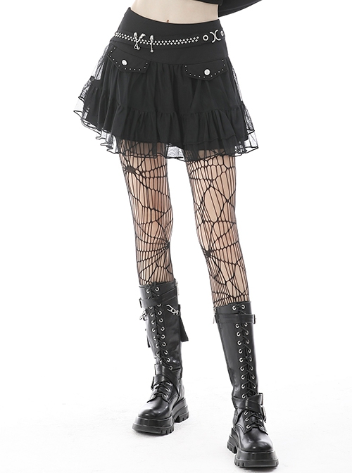 Punk Style Personalized Metal Star Rivets Cool Skull Nail Pin Design Multi Layer Mesh Hem Black Mini Skirt