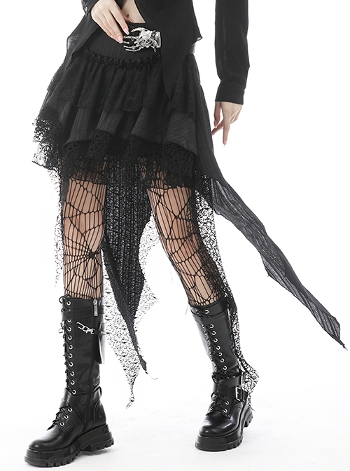 Punk Style Unique High Low Waist Irregular Tailoring Design Long Swallowtail Black Double Layer Lace Skirt