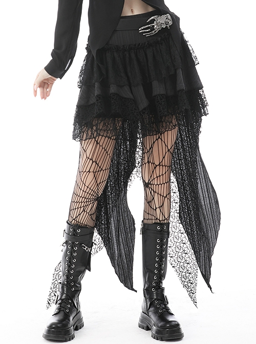 Punk Style Unique High Low Waist Irregular Tailoring Design Long Swallowtail Black Double Layer Lace Skirt
