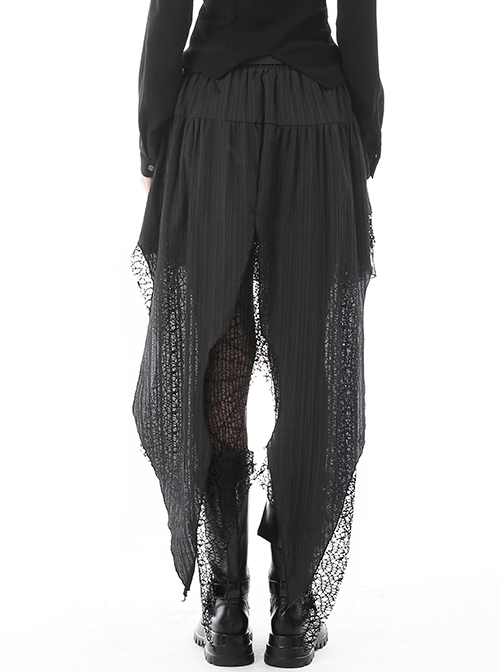 Punk Style Unique High Low Waist Irregular Tailoring Design Long Swallowtail Black Double Layer Lace Skirt