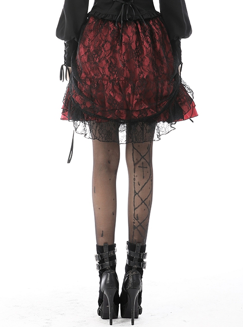 Gothic Style Retro Black Embroidered Lace Cover Cross Ribbon Drawstring Red Sexy Mini Skirt