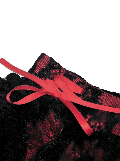 Gothic Style Retro Black Embroidered Lace Cover Cross Ribbon Drawstring Red Sexy Mini Skirt