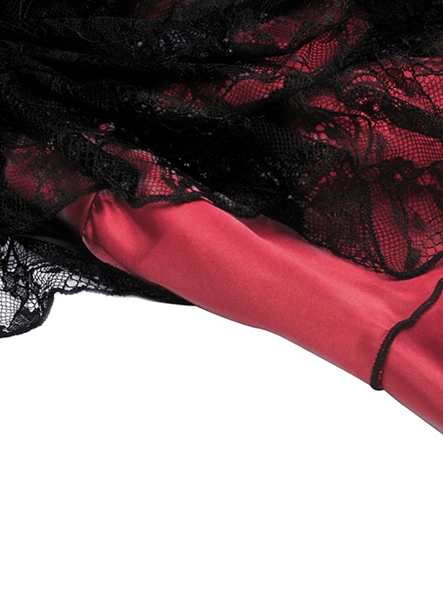 Gothic Style Retro Black Embroidered Lace Cover Cross Ribbon Drawstring Red Sexy Mini Skirt