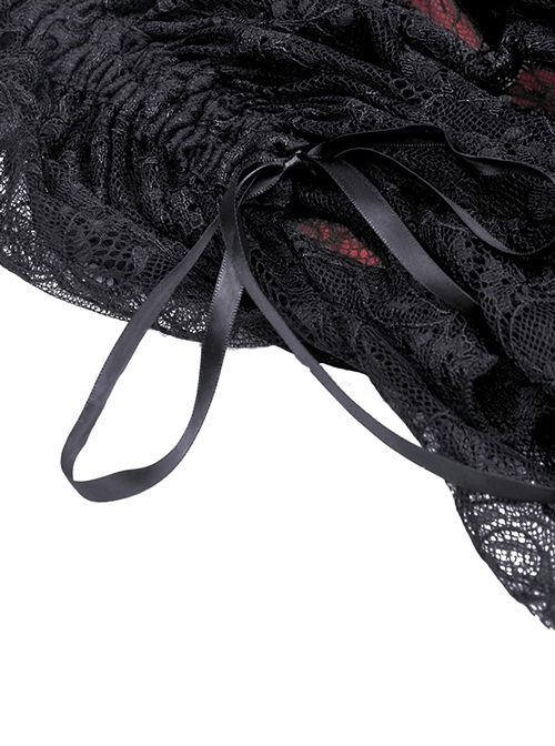 Gothic Style Retro Black Embroidered Lace Cover Cross Ribbon Drawstring Red Sexy Mini Skirt