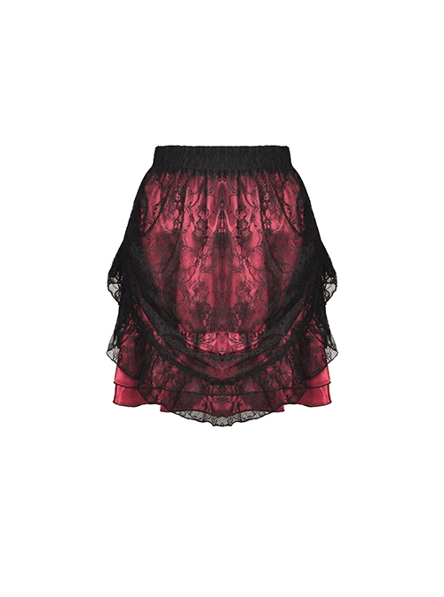 Gothic Style Retro Black Embroidered Lace Cover Cross Ribbon Drawstring Red Sexy Mini Skirt