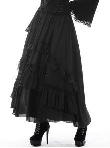 Gothic Style Retro Multi Layered Lace Ruffled Elastic Waistband Drawstring Elegant Black Chiffon Long Skirt