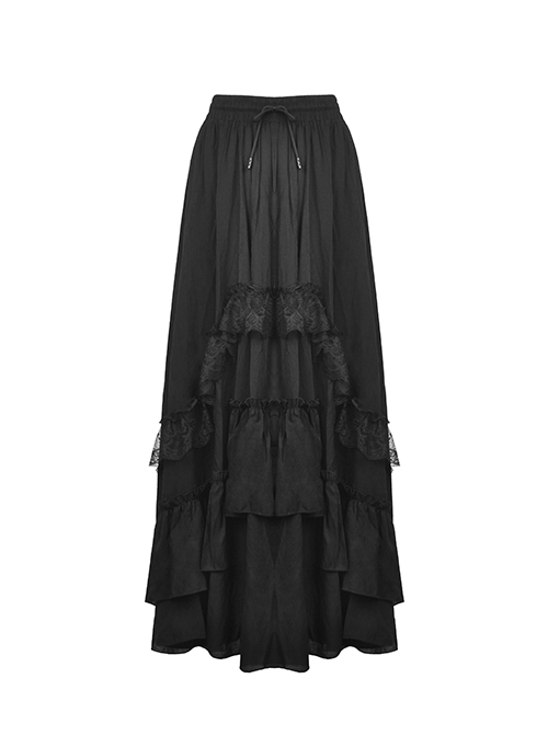 Gothic Style Retro Multi Layered Lace Ruffled Elastic Waistband Drawstring Elegant Black Chiffon Long Skirt