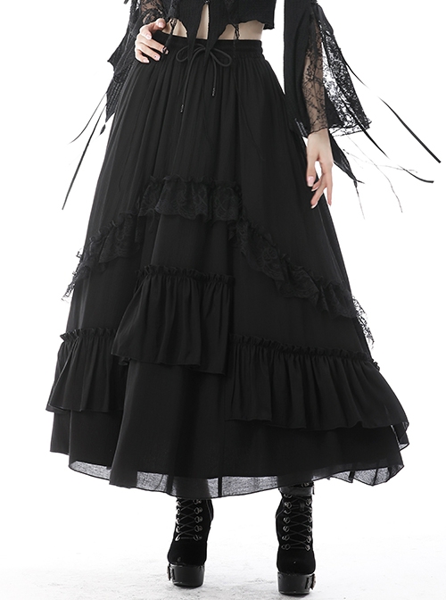 Gothic Style Retro Multi Layered Lace Ruffled Elastic Waistband Drawstring Elegant Black Chiffon Long Skirt