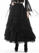 Gothic Style Retro Multi Layered Lace Ruffled Elastic Waistband Drawstring Elegant Black Chiffon Long Skirt