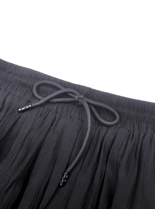 Gothic Style Retro Multi Layered Lace Ruffled Elastic Waistband Drawstring Elegant Black Chiffon Long Skirt