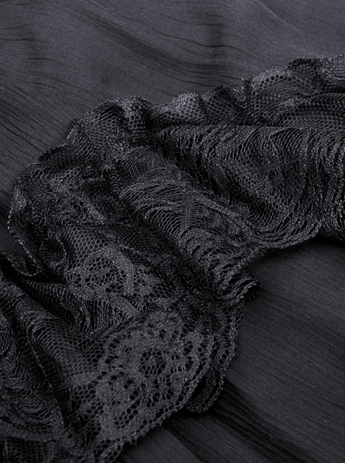 Gothic Style Retro Multi Layered Lace Ruffled Elastic Waistband Drawstring Elegant Black Chiffon Long Skirt
