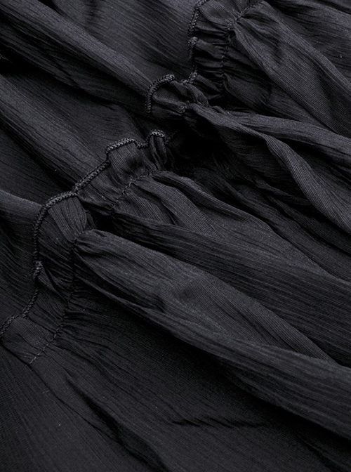 Gothic Style Retro Multi Layered Lace Ruffled Elastic Waistband Drawstring Elegant Black Chiffon Long Skirt
