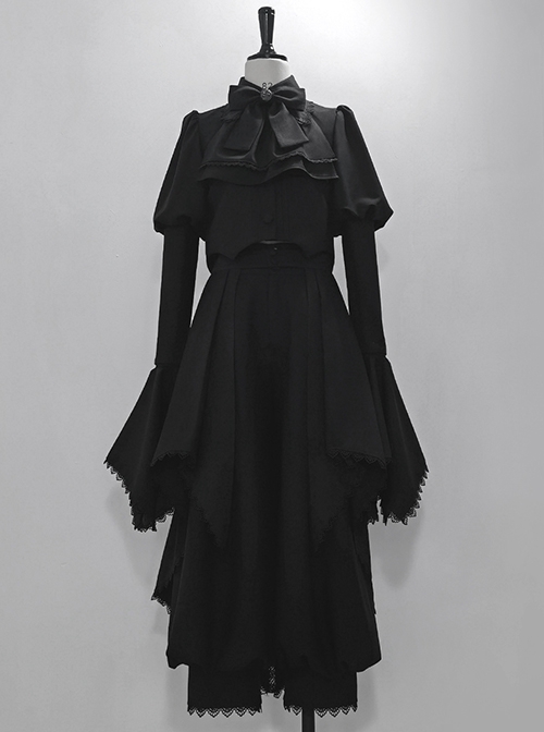 Wizard Law Series Black Retro Dark Gothic Lolita Ouji Fashion Bowknot Tie Puff Sleeve Peaked Hem Coat Lace Pants Set