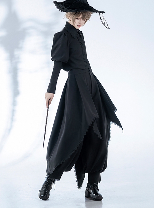Wizard Law Series Black Retro Dark Gothic Lolita Ouji Fashion Bowknot Tie Puff Sleeve Peaked Hem Coat Lace Pants Set