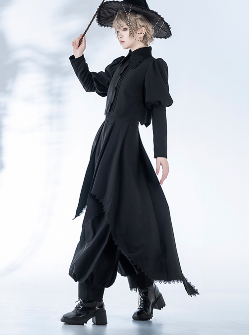 Wizard Law Series Black Retro Dark Gothic Lolita Ouji Fashion Bowknot Tie Puff Sleeve Peaked Hem Coat Lace Pants Set