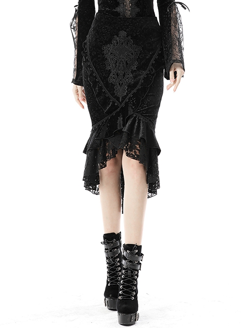Gothic Style Exquisite Jacquard Embroidery Lace Elegant And Sexy Black Package Hip Tail Skirt