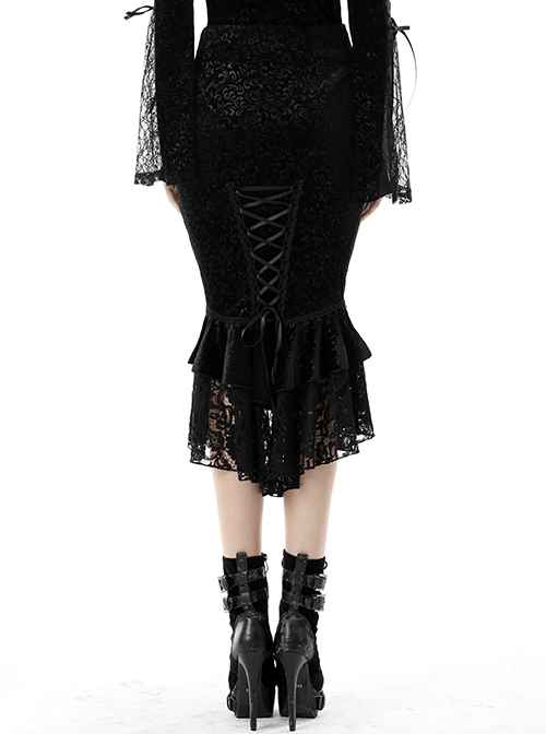 Gothic Style Exquisite Jacquard Embroidery Lace Elegant And Sexy Black Package Hip Tail Skirt