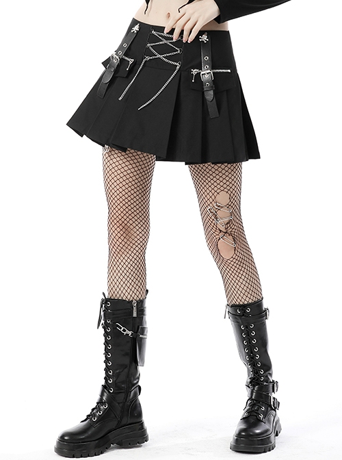 Punk Style Rock Roll Cross Metal Chain Skull Decorated Leather Strap Design Black Pleated Mini Skirt