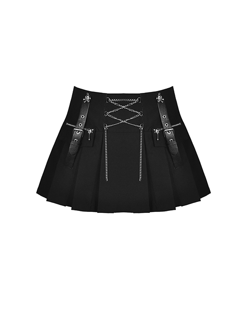 Punk Style Rock Roll Cross Metal Chain Skull Decorated Leather Strap Design Black Pleated Mini Skirt