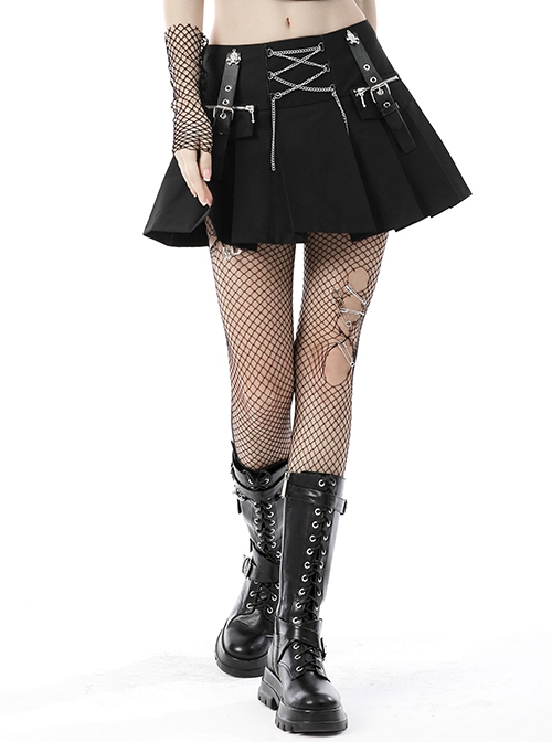 Punk Style Rock Roll Cross Metal Chain Skull Decorated Leather Strap Design Black Pleated Mini Skirt