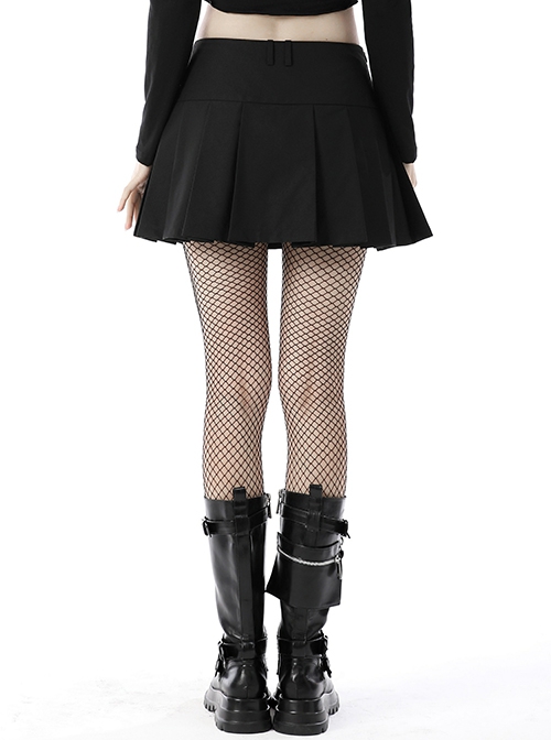 Punk Style Rock Roll Cross Metal Chain Skull Decorated Leather Strap Design Black Pleated Mini Skirt