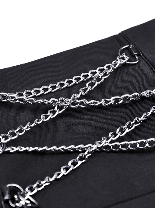 Punk Style Rock Roll Cross Metal Chain Skull Decorated Leather Strap Design Black Pleated Mini Skirt