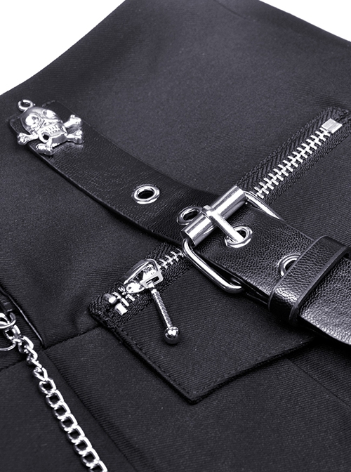 Punk Style Rock Roll Cross Metal Chain Skull Decorated Leather Strap Design Black Pleated Mini Skirt