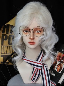 Handsome Mid Split Bangs Long White Wavy Curls Hair Ouji Fashion Juvenile Wolf Tail Full Head Wig