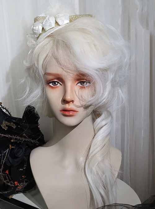 Handsome Mid Split Bangs Long White Wavy Curls Hair Ouji Fashion Juvenile Wolf Tail Full Head Wig