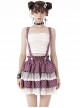 Punk Style Cross Strap White Angel Wings Heart Buttons Layered Lace Sweet Black And Pink Plaid Cake Skirt