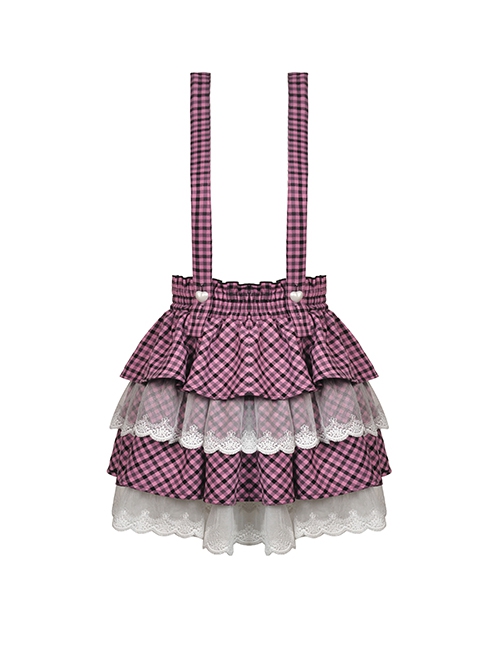 Punk Style Cross Strap White Angel Wings Heart Buttons Layered Lace Sweet Black And Pink Plaid Cake Skirt