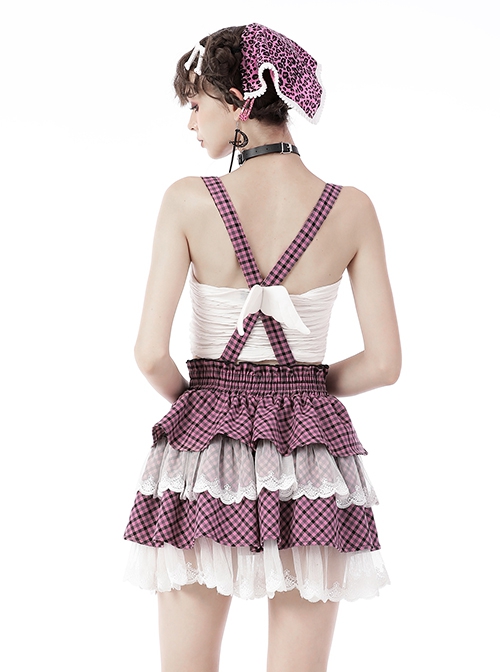 Punk Style Cross Strap White Angel Wings Heart Buttons Layered Lace Sweet Black And Pink Plaid Cake Skirt