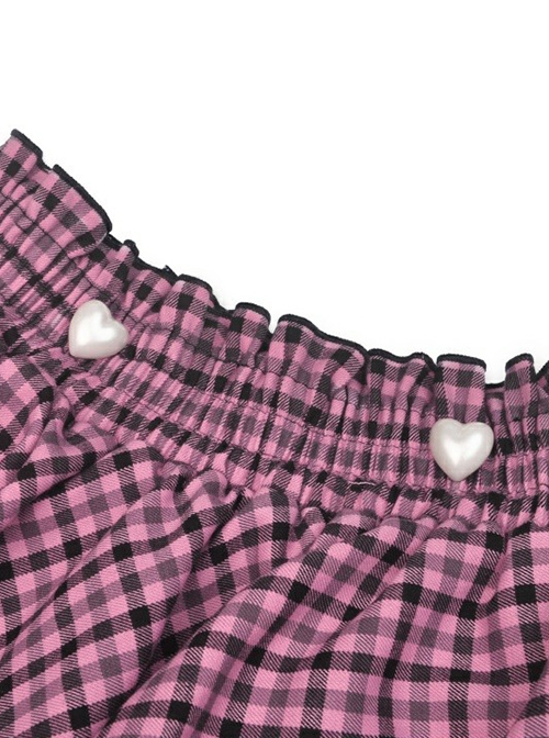 Punk Style Cross Strap White Angel Wings Heart Buttons Layered Lace Sweet Black And Pink Plaid Cake Skirt