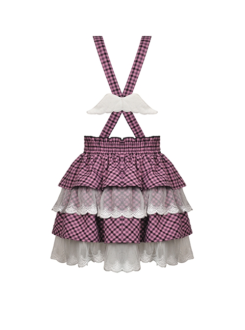 Punk Style Cross Strap White Angel Wings Heart Buttons Layered Lace Sweet Black And Pink Plaid Cake Skirt
