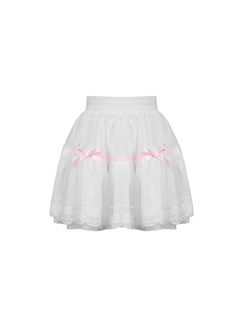 Gothic Style Sweet Mesh Lace Stitching Pink Ribbon Bowknot Cute White Mini Petticoat Tutu Skirt